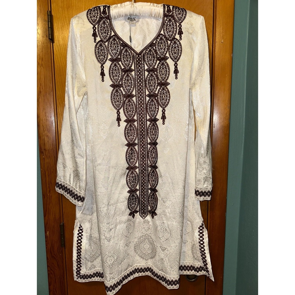 ASA Womens Kurta Kurti White‎ Brown Embroidered Indian Pakistani Tunic Size M